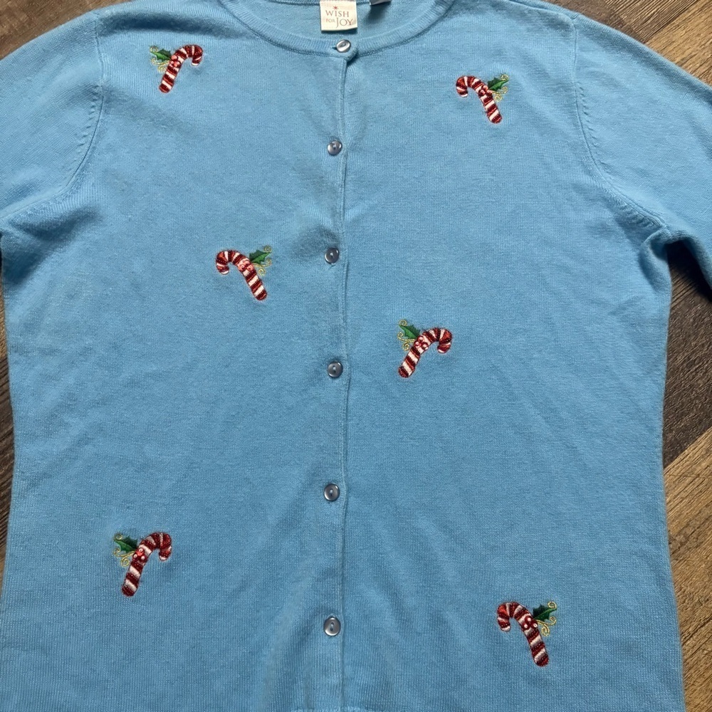 Wish for Joy blue Christmas button up long sleeve holiday candy cane top M - Picture 2 of 6